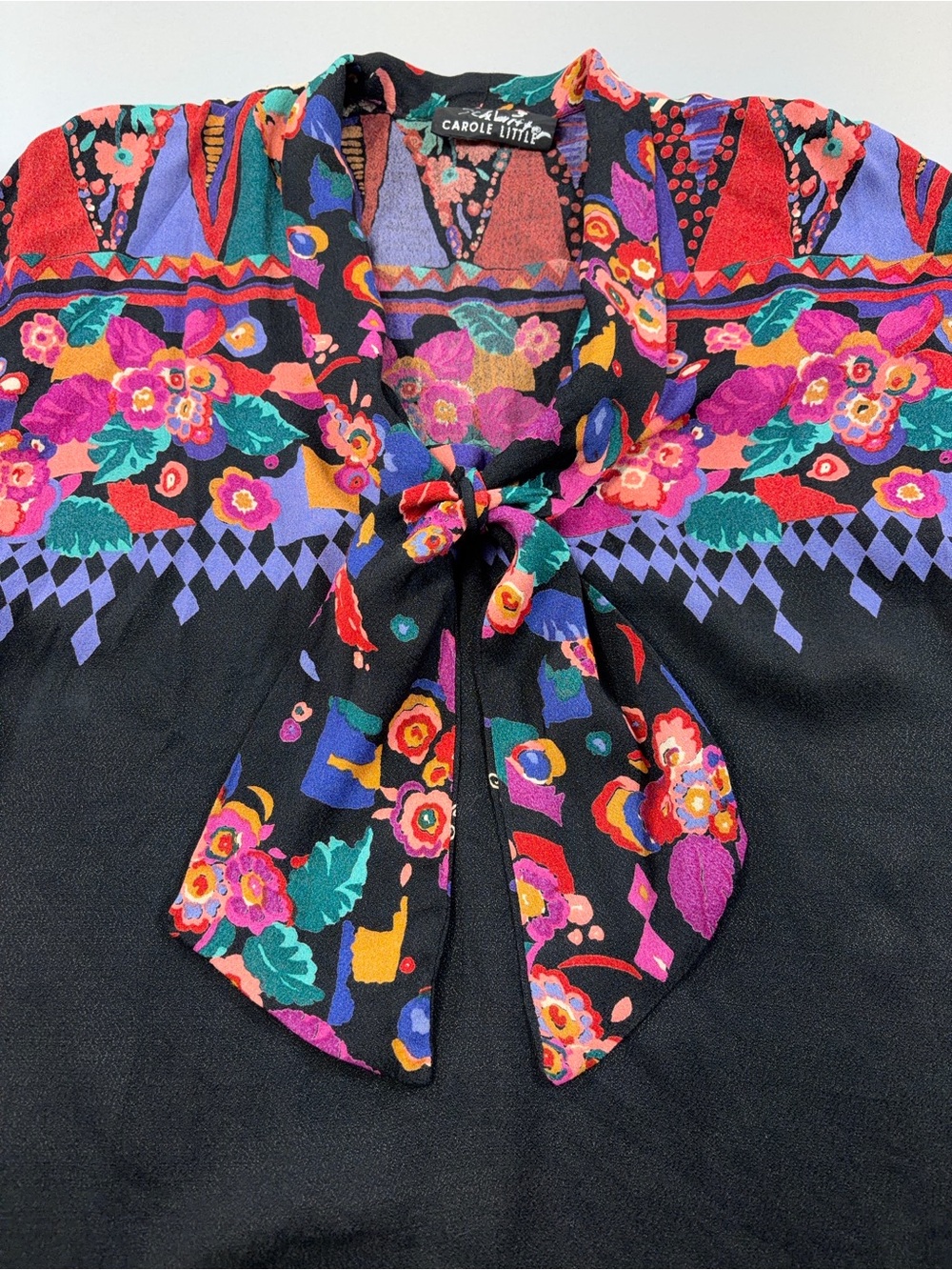 Carole Little Vintage 90s Rayon Floral Tie Neck Bow Collar Blouse Tribal Vivid